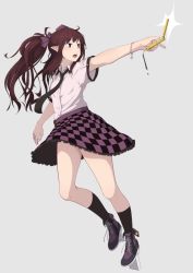 Rule 34 | 1girl, :o, alternate footwear, bare arms, black necktie, black socks, bracelet, brown hair, cellphone, checkered clothes, checkered skirt, collared shirt, cross-laced footwear, frilled skirt, frills, full body, geta, grey background, hair ribbon, hat, himekaidou hatate, holding, holding phone, jewelry, kneehighs, long hair, looking to the side, necktie, open mouth, outstretched arm, phone, pointy ears, purple footwear, purple hat, purple ribbon, ribbon, shirt, shoes, short sleeves, simple background, skirt, sneakers, socks, solo, taking picture, tengu-geta, thighs, tokin hat, touhou, twintails, usui ryuusan, wing collar