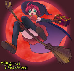 Rule 34 | 1girl, alice wishheart, aqua eyes, armpits, broom, broom riding, cape, copyright name, earrings, fang, gloves, halloween, hat, highres, jewelry, jimakku (zimac), magical halloween, moon, red hair, red moon, solo, star (symbol), star earrings, thighhighs, upskirt, witch, witch hat, zimac