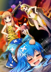 Rule 34 | 4girls, = =, ahoge, animal print, ass, bandages, bandeau, blouse, blue hair, breasts, chima q, cleavage, club (weapon), female focus, hair between eyes, hand to own mouth, hands on own hips, head bump, highres, hinanawi tenshi, horns, hoshiguma yuugi, ibaraki kasen, ibuki suika, long hair, masochism, multiple girls, oni, outdoors, saliva, shirt, single horn, skirt, sparkle, standing, stomach, thighs, tied up (nonsexual), tiger print, top-down bottom-up, torn clothes, torn skirt, touhou, very long hair, weapon, white shirt