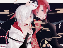 Rule 34 | 2boys, blue eyes, blush, cigarette, closed mouth, covering one eye, highres, holding, holding mask, looking at viewer, mask, mask on head, multiple boys, myuhuaki, oil-paper umbrella, original, parted lips, red eyes, red hair, short hair, sleeves past wrists, smoke, smoking, tassel, tattoo, umbrella, upper body, white hair