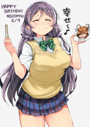 Rule 34 | 10s, 1girl, animal, blue skirt, blush, bow, breasts, character name, chopsticks, closed eyes, dated, grey background, haruken, large breasts, long hair, love live!, love live! school idol project, low twintails, monster, musical note, plaid, plaid skirt, plate, pleated skirt, purple hair, saliva, school uniform, shirt, short sleeves, simple background, skirt, smile, solo, standing, sweater vest, tojo nozomi, twintails, whiskers, white shirt