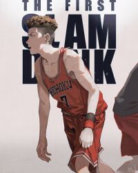 Rule 34 | 2boys, absurdres, artist name, bare shoulders, basketball jersey, basketball uniform, black wristband, brown eyes, brown hair, collarbone, commentary, copyright name, earrings, grey shirt, highres, jewelry, kyuuba melo, male focus, miyagi ryouta, multiple boys, open mouth, pompadour, profile, red shirt, red shorts, red wristband, shirt, short hair, shorts, simple background, slam dunk (series), sleeveless, sleeveless shirt, solo focus, sportswear, standing, stud earrings, sweat, teeth, undercut, upper teeth only, v-shaped eyebrows, white background, wristband
