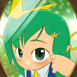 Rule 34 | 1girl, bad id, bad pixiv id, daiyousei, fairy wings, female focus, green eyes, green hair, hair ornament, hairpin, matching hair/eyes, mirror, ogihara mach, open mouth, pointy ears, short hair, side ponytail, solo, touhou, wings