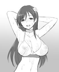 Rule 34 | 10s, 1girl, armpits, arms behind head, arms up, bikini, blush, breasts, choker, cleavage, covered erect nipples, flower, greyscale, hair flower, hair ornament, hairband, idolmaster, idolmaster cinderella girls, large breasts, long hair, looking at viewer, monochrome, nitta minami, open mouth, puffy nipples, see-through, smile, solo, swimsuit, upper body, zaxwu