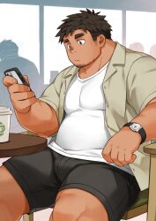 Rule 34 | 1boy, bara, belly, black shorts, brown hair, cafe, collared shirt, cup, dark-skinned male, dark skin, disposable cup, expressionless, facial hair, fat, fat man, feet out of frame, from side, goatee, goatee stubble, highres, holding, holding phone, kuro nezumi inu, large pectorals, layered shirt, male focus, on chair, open clothes, open shirt, original, paid reward available, pectorals, phone, profile, shirt, short shorts, shorts, sideburns, sideburns stubble, sitting, solo, stubble, thick eyebrows, thick thighs, thighs