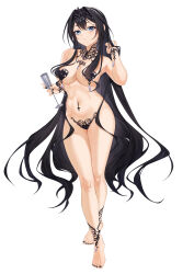 Rule 34 | 1girl, absurdres, barefoot, black hair, black nails, blue eyes, breasts, closed mouth, commentary request, crossed ankles, cup, full body, hair between eyes, hand in own hair, hand up, heart pasties, highres, holding, holding cup, long hair, looking at viewer, maebari, medium breasts, nail polish, navel piercing, nude, original, pasties, piercing, simple background, solo, tachi-e, tiara, toenail polish, toenails, very long hair, white background, xo (xo17800108)