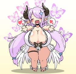 Rule 34 | 1girl, animal print, black horns, breasts, butterfly print, cleavage, closed eyes, dress, female focus, full body, gradient background, granblue fantasy, highres, horns, huge breasts, incoming hug, narmaya (granblue fantasy), nishiki (artist), open mouth, pink hair, shadow, shiny skin, shortstack, smile, solo, standing, thick thighs, thigh gap, thighs, twintails, white dress, yellow background