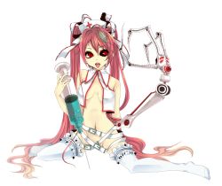 Rule 34 | 1girl, bad id, bad pixiv id, calne ca (deino), conomi-c5, crustacean, hatsune miku, highres, isopod, mismatched sclera, needle, nurse, oversized object, red eyes, red hair, solo, thighhighs, tongue, tongue out, vocaloid, white thighhighs