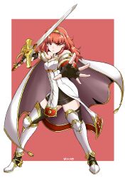 Rule 34 | 1girl, absurdres, bare shoulders, black gloves, black skirt, black thighhighs, blunt bangs, breasts, brown eyes, cape, celica (fire emblem), cloak, dress, earrings, fingerless gloves, fire emblem, fire emblem echoes: shadows of valentia, full body, gloves, haho, highres, holding, holding sword, holding weapon, jewelry, leg armor, looking at viewer, medium breasts, medium hair, nintendo, orange hair, skirt, sleeveless, sleeveless dress, solo, sword, thighhighs, tiara, weapon, white cape, white dress