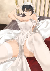 Rule 34 | 1girl, apron, bed, black eyes, black hair, bra, bra peek, breasts, commentary, cuffs, foreshortening, garter straps, glass, handcuffs, hat, highres, indoors, juliet sleeves, kei (throtem), large breasts, long hair, long sleeves, looking at viewer, lying, maid, maid cap, mob cap, on back, on bed, original, panties, panty peek, puffy sleeves, restrained, semi-rimless eyewear, solo, spread legs, stomach, symbol-only commentary, thighhighs, throtem, underwear, wavy mouth, white apron, white thighhighs