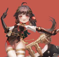 Rule 34 | 1girl, ahoge, black hair, breasts, chinese clothes, hair ornament, highres, holding, holding weapon, huge weapon, long hair, mechanical arms, open mouth, pulao: dragontoll (pgr), pulao (pgr), punishing: gray raven, red background, red eyes, short sleeves, side ponytail, small breasts, teeth, thighhighs, thighs, upper teeth only, weapon, white thighhighs, xiaoxiaoanye