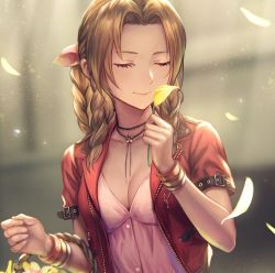 Rule 34 | 1girl, aerith gainsborough, anbe yoshirou, basket, bracelet, braid, breasts, brown hair, church, cleavage, closed eyes, closed mouth, collarbone, commentary request, dress, final fantasy, final fantasy vii, flower, highres, holding, indoors, jacket, jewelry, light particles, lips, long hair, medium breasts, necklace, parted bangs, petals, pink dress, red jacket, short sleeves, solo, upper body, zipper, zipper pull tab
