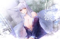 Rule 34 | absurdres, animal ears, azur lane, breasts, cleavage, dutch angle, fox ears, fox tail, grey hair, highres, large breasts, long hair, looking at viewer, multiple tails, off shoulder, one eye closed, open mouth, purple eyes, robe, samip, shinano (azur lane), tail, very long hair