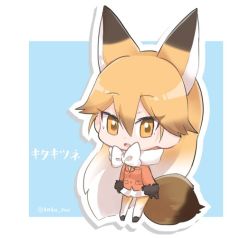 Rule 34 | 10s, 1girl, :o, animal ears, black gloves, blazer, blonde hair, blue background, border, bow, bowtie, breast pocket, buttons, character name, chibi, commentary request, ezo red fox (kemono friends), fox ears, fox tail, full body, fur-trimmed sleeves, fur trim, gloves, gradient hair, hair between eyes, jacket, kemono friends, kita kitsune, long hair, long sleeves, looking at viewer, multicolored hair, open mouth, orange eyes, outline, outside border, pleated skirt, pocket, shadow, skirt, solo, tail, tatsuno newo, tsurime, twitter username, two-tone hair, white border, white bow, white bowtie, white hair, white outline, white skirt