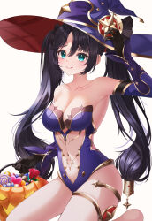 Rule 34 | 1girl, :q, arm up, armpits, bare legs, bare shoulders, black gloves, black hair, blue eyes, blue leotard, bow, breasts, center opening, cleavage, closed mouth, collarbone, detached sleeves, genshin impact, gloves, gold trim, hair bow, halloween bucket, hat, highres, leotard, long hair, long sleeves, looking at viewer, luna bloom, medium breasts, mona (genshin impact), navel, no cape, no legwear, parted bangs, purple hat, simple background, smile, solo, stomach, strapless, strapless leotard, thighlet, thighs, tongue, tongue out, twintails, very long hair, white background, witch hat