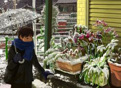 1boy architecture black_hair black_jacket black_pants blue_gloves blue_scarf commentary east_asian_architecture flower flower_pot gloves highres holding holding_umbrella jacket minahamu original outdoors pants road scarf short_hair snow snowing solo street umbrella