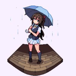 Rule 34 | 1girl, black socks, black vest, blue eyes, blue umbrella, blush stickers, bow, bowtie, brown footwear, brown hair, checkered clothes, checkered skirt, commentary, full body, hair between eyes, hair bow, holding, holding umbrella, legs, long hair, looking at viewer, love live!, love live! nijigasaki high school idol club, o 12 9, osaka shizuku, pixel art, pleated skirt, red bow, shirt, shoes, short sleeves, sidelocks, skirt, smile, socks, solo, standing, thighs, umbrella, vest, water drop, white shirt, white skirt, wooden floor, yellow bow, yellow bowtie