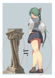 Rule 34 | .live, 1girl, architecture, bare legs, bell, black footwear, blue skirt, border, breasts, column, commentary, crossed legs, equal sign, facing ahead, from behind, full body, glasses, green hair, gregorius yamada, grey background, grey sweater vest, hair bell, hair ornament, hair ribbon, hands on own hips, jingle bell, kagura suzu (.live), kneepits, legs, loafers, long hair, long sleeves, medium breasts, miniskirt, photo-referenced, photo inset, pillar, pleated skirt, red circle, red ribbon, reference inset, ribbon, school uniform, shirt, shoes, side ponytail, simple background, skirt, solo, standing, sweater vest, very long hair, white border, white shirt