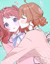 2girls absurdres ahoge blazer blue_ribbon blush brown_hair closed_eyes commentary gakuen_idolmaster hanami_saki hanami_ume hatsuboshi_gakuen_school_uniform heart highres himotani idolmaster jacket kiss kissing_cheek multiple_girls neck_ribbon profile ribbon school_uniform siblings sisters sweatdrop upper_body yuri