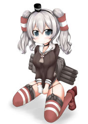 Rule 34 | 1girl, amatsukaze (kancolle), amatsukaze (kancolle) (cosplay), black panties, blush, breasts, brown dress, choker, cosplay, covering crotch, covering privates, dress, dress tug, embarrassed, full body, garter straps, gloves, grey eyes, hair between eyes, hair tubes, hat, kantai collection, kashima (kancolle), kneeling, large breasts, lifebuoy, long hair, looking at viewer, machinery, ouno (nounai disintegration), panties, red thighhighs, sailor collar, sailor dress, short dress, silver hair, single glove, smile, solo, squatting, striped clothes, striped thighhighs, swim ring, thighhighs, torpedo, two side up, underwear, white gloves