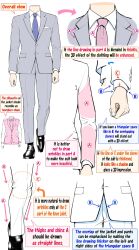 Rule 34 | 1boy, black footwear, blue necktie, collarbone, commentary, english commentary, english text, grey pants, guide, highres, how to, long sleeves, male focus, multiple views, necktie, original, pants, shirt, simple background, speech bubble, vest, white background, white shirt, yoshimura takuya