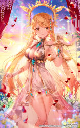 Rule 34 | 1girl, apple caramel, arcana tactics, arm warmers, blonde hair, blurry, blurry foreground, braid, breasts, cleavage, company name, copyright name, curtains, day, dress, flower, gold trim, hair ornament, halo, highres, large breasts, long hair, looking at viewer, official art, petals, pink sky, pointy ears, railing, sky, solo, standing, twintails, very long hair, watermark, weighing scale, white dress, wisteria, yellow eyes