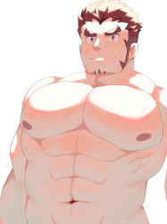 Rule 34 | 1boy, abs, akashi (live a hero), bara, completely nude, facial hair, goatee, highres, karamaru (karamari 11), large pectorals, live a hero, long sideburns, looking at viewer, male focus, muscular, muscular male, navel, nipples, nude, pectoral focus, pectorals, red eyes, red hair, short hair, sideburns, smile, solo, stomach, thick eyebrows, white background