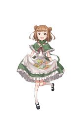 Rule 34 | 1girl, :d, beatrice (princess principal), black footwear, brown eyes, brown hair, capelet, double bun, dress, flower, frilled dress, frills, full body, green dress, hair bun, highres, looking at viewer, medium hair, official art, open mouth, princess principal, princess principal game of mission, shoes, skirt basket, smile, socks, solo, standing, standing on one leg, transparent background, white socks