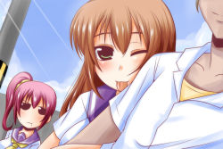 Rule 34 | 1boy, 1girl, 2girls, arm hug, blue sky, brother and sister, brown hair, cloud, collarbone, couple, day, green eyes, jealous, looking at viewer, multiple girls, nishi koutarou, one eye closed, original, pout, purple hair, school uniform, serafuku, shirt, siblings, side ponytail, sky, smile, tongue, tongue out, wink