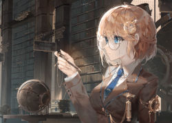 Rule 34 | 1girl, absurdres, blonde hair, blue eyes, blue necktie, book, book stack, braid, breasts, brown jacket, character name, closed mouth, collared shirt, dayshiart, english text, hair ornament, highres, holding, holding pen, hololive, hololive english, jacket, library, long sleeves, looking away, medium breasts, necktie, pen, shirt, short hair, solo, upper body, v-shaped eyebrows, virtual youtuber, watson amelia, white shirt