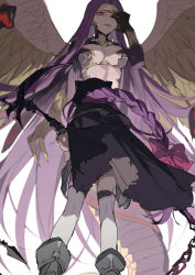 Rule 34 | 2girls, absurdres, bad id, bad pixiv id, black cape, black gloves, braid, brown wings, cape, chain, claws, fate/grand order, fate (series), feathered wings, from behind, gloves, gorgon (fate), hand on own face, hand up, highres, holding, holding scythe, lamia, long hair, medusa (fate), medusa (lancer) (fate), medusa (rider) (fate), monster girl, multiple girls, multiple wings, parted bangs, parted lips, purple hair, red eyes, rider, scythe, simple background, single braid, standing, thighhighs, torn cape, torn clothes, very long hair, white background, white legwear, wings, zhibuji loom