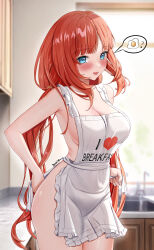 Rule 34 | 1girl, :d, ?, absurdres, apron, artist name, bare arms, bare shoulders, blue eyes, blurry, blurry background, blush, breasts, cleavage, commentary request, cowboy shot, dokimaru, faucet, frilled apron, frills, genshin impact, heart, highres, holding, large breasts, long hair, low twintails, naked apron, nilou (genshin impact), open mouth, paid reward available, parted bangs, red hair, sideboob, sidelocks, sink, smile, solo, speech bubble, spoken food, spoken question mark, text print, thighs, twintails, tying apron, very long hair, white apron