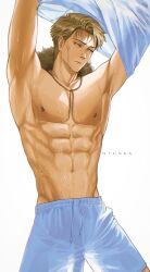 Rule 34 | 1boy, absurdres, arms up, blonde hair, blue shirt, blue shorts, brown eyes, cowboy shot, hat, highres, jujutsu kaisen, looking to the side, male focus, nanami kento, nipples, nthndn, pectorals, scar, shirt, short hair, shorts, solo, straw hat, undercut, undressing, white background