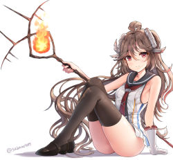 Rule 34 | 1girl, alternate costume, arknights, artist name, bare arms, bare shoulders, black footwear, black thighhighs, breasts, brown hair, commentary, eyjafjalla (arknights), fire, highres, holding, holding staff, horns, knees up, long hair, looking at viewer, mary janes, originium arts (arknights), red eyes, red neckwear, sheep horns, shoes, simple background, sitting, sleeveless, small breasts, smile, sob (submar1089), solo, staff, thighhighs, thighs, twitter username, very long hair