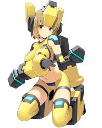 Rule 34 | 1girl, armor, armored boots, bike shorts, blush, boots, breasts, brown eyes, brown hair, cosmic break, full body, hand on own chest, headgear, kneeling, large breasts, looking at viewer, midriff, navel, official art, rei (cosmic break), short hair, skin tight, smile, solo, wakaba sprout