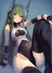 Rule 34 | 1girl, arm support, bare shoulders, black leotard, black thighhighs, breasts, closed mouth, commentary request, elbow gloves, fingerless gloves, gloves, green hair, headgear, highleg, highleg leotard, highres, knee up, leotard, long hair, looking at viewer, medium breasts, menou kaname (taishi), original, purple eyes, sidelocks, simple background, sitting, skin tight, sleeveless, solo, sweat, sweatdrop, taishi (picchiridou), thighhighs, thighs, turtleneck