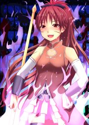 Rule 34 | 10s, bare shoulders, bow, hair bow, hand on own hip, hip focus, injury, long hair, magical girl, mahou shoujo madoka magica, mahou shoujo madoka magica (anime), polearm, ponytail, red eyes, red hair, sakura kyoko, solo, tears, tog (shoten), weapon