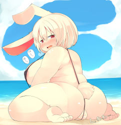 Rule 34 | 1girl, akitaka (mcdonnell-douglas), animal ears, ass, barefoot, beach, blush, breasts, rabbit ears, cameltoe, fat, feet, huge breasts, kneeling, mcdonnell-douglas, nipples, open mouth, outdoors, red eyes, solo, sweat, tail, translation request, uncensored, water