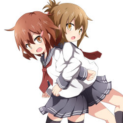 Rule 34 | 10s, 2girls, :d, :o, back-to-back, beize (garbage), black socks, blouse, blue skirt, brown eyes, brown hair, circle garbage, fang, folded ponytail, hair ornament, hairclip, highres, ikazuchi (kancolle), inazuma (kancolle), kantai collection, kneehighs, locked arms, long sleeves, looking at viewer, multiple girls, neckerchief, open mouth, pleated skirt, red neckerchief, sailor collar, school uniform, serafuku, shirt, short hair, skirt, smile, socks, thighhighs, white background