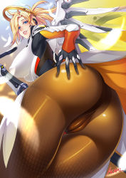 Rule 34 | 1girl, acami, artist name, ass, ass focus, ass grab, bad id, bad pixiv id, blonde hair, blue eyes, bodysuit, breasts, cameltoe, crotch seam, deep skin, fat mons, gloves, grabbing own ass, halo, high ponytail, highres, huge ass, large breasts, long hair, looking at viewer, looking back, looking down, mechanical halo, mechanical wings, mercy (overwatch), overwatch, overwatch 1, pantyhose, revision, signature, smile, solo, staff, thighs, wings