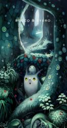 Rule 34 | animal, berry, bird, bush, creature, egg, fantasy, forest, glowing, glowing eyes, grass, leaf, looking at viewer, nature, no humans, owl, pixiv fantasia, pixiv fantasia 5, plant, size difference, tochimiki (toichi), tree, yellow eyes
