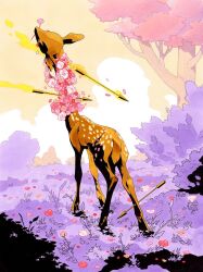 Rule 34 | alternate colored grass, animal, animal focus, arrow (projectile), arrow in body, arrow in leg, brown fur, crying, day, deer, fawn, fleebites, flower, flower in mouth, head back, highres, neck flower, no humans, on grass, original, outdoors, pastel colors, pink flower, sky, standing, stretching, symbolism, traditional media, tree, yellow sky