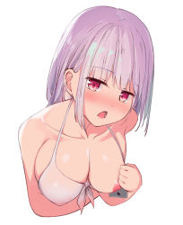 Rule 34 | 10s, 1girl, bikini, blush, breasts, cellphone, collarbone, gridman universe, holding, holding phone, large breasts, light purple hair, looking at viewer, nipples, open mouth, phone, prpr friends, red eyes, shinjou akane, short hair, simple background, solo, ssss.gridman, swimsuit, upper body, white background, white bikini