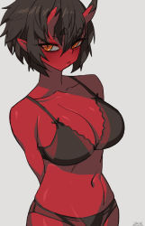 Rule 34 | 1girl, black bra, black hair, black panties, bra, breasts, cleavage, closed mouth, colored skin, horns, kidouko (zakusi), large breasts, looking at viewer, navel, oni, oni horns, orange eyes, original, panties, red oni, red skin, short hair, signature, simple background, solo, standing, symbol-only commentary, underwear, white background, zakusi