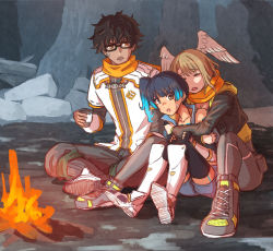 Rule 34 | 1boy, 2girls, black hair, blue hair, boots, brown hair, campfire, cave, chest jewel, dark-skinned male, dark skin, eunie (xenoblade), feathered wings, fiery hair, fire, gari, glowing lines, head wings, highres, hood, hoodie, hug, hug from behind, jacket, multiple girls, scarf, sena (xenoblade), shared clothes, shared scarf, shoes, side ponytail, sitting, sitting on lap, sitting on person, sneakers, taion (xenoblade), wings, xenoblade chronicles (series), xenoblade chronicles 3