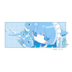 Rule 34 | 1girl, anemone (flower), black sailor collar, blue flower, blue hair, blue theme, blunt bangs, closed mouth, dated, dot mouth, fish, fish-shaped pupils, flower, highres, jitome, long bangs, long hair, looking at viewer, maid headdress, negative space, original, plant, sailor collar, shadow, sidelocks, simple background, solid eyes, solo, sskitaco, tile wall, tiles, underwater, white background