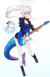 Rule 34 | absurdres, alternate costume, alternate hairstyle, animal ears, bloop (gawr gura), blue eyes, blue nails, boots, breasts, bubble, electric guitar, full body, gawr gura, gradient background, guitar, highres, hololive, hololive english, instrument, jacket, leather, leather jacket, looking at viewer, mumu914, nails, ponytail, shark, skirt, small breasts, smile, tail, thighhighs, virtual youtuber, white background, white hair, white thighhighs