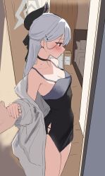 Rule 34 | 1boy, 1girl, absurdres, bed, black dress, black ribbon, blue archive, blush, breasts, choker, closed mouth, dress, genso (thereisnosauce), grey hair, hair ornament, hair ribbon, hairclip, halo, hetero, highres, holding hands, horns, indoors, jacket, jewelry, kayoko (blue archive), kayoko (dress) (blue archive), long hair, long sleeves, medium breasts, mole, mole on neck, necklace, off shoulder, official alternate costume, open clothes, open jacket, profile, red eyes, ribbon, sleeveless, sleeveless dress, solo focus