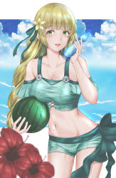 Rule 34 | 1girl, :d, absurdres, bare shoulders, bikini, blonde hair, blue sky, bottle, breasts, cloud, commentary request, cowboy shot, day, fire emblem, fire emblem: three houses, fire emblem heroes, flower, food, fruit, green bikini, green eyes, green ribbon, green shorts, hair flower, hair ornament, hair ribbon, hand up, hibiscus, highres, holding, holding bottle, holding food, holding fruit, ingrid brandl galatea, izuminnu, long hair, looking at viewer, medium breasts, navel, nintendo, off-shoulder bikini, off shoulder, open mouth, outdoors, partial commentary, red flower, ribbon, short shorts, shorts, sky, smile, solo, standing, stomach, swimsuit, thighs, water, watermark, watermelon