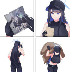 Rule 34 | 1girl, 4koma, absurdres, adjusting clothes, adjusting headwear, atsuko (blue archive), baseball cap, belt, black gloves, black hair, black pants, blue archive, blue hair, cameo, carrying, colored inner hair, comic, commentary request, etoast, gloves, hair between eyes, halo, hat, highres, hiyori (blue archive), holding, holding photo, holding sack, long hair, misaki (blue archive), multicolored hair, navel, pants, photo (object), purple eyes, sack, saori (blue archive), sidelocks, silent comic, simple background, sleeveless, smile, solo, stomach, tank top, two-tone hair